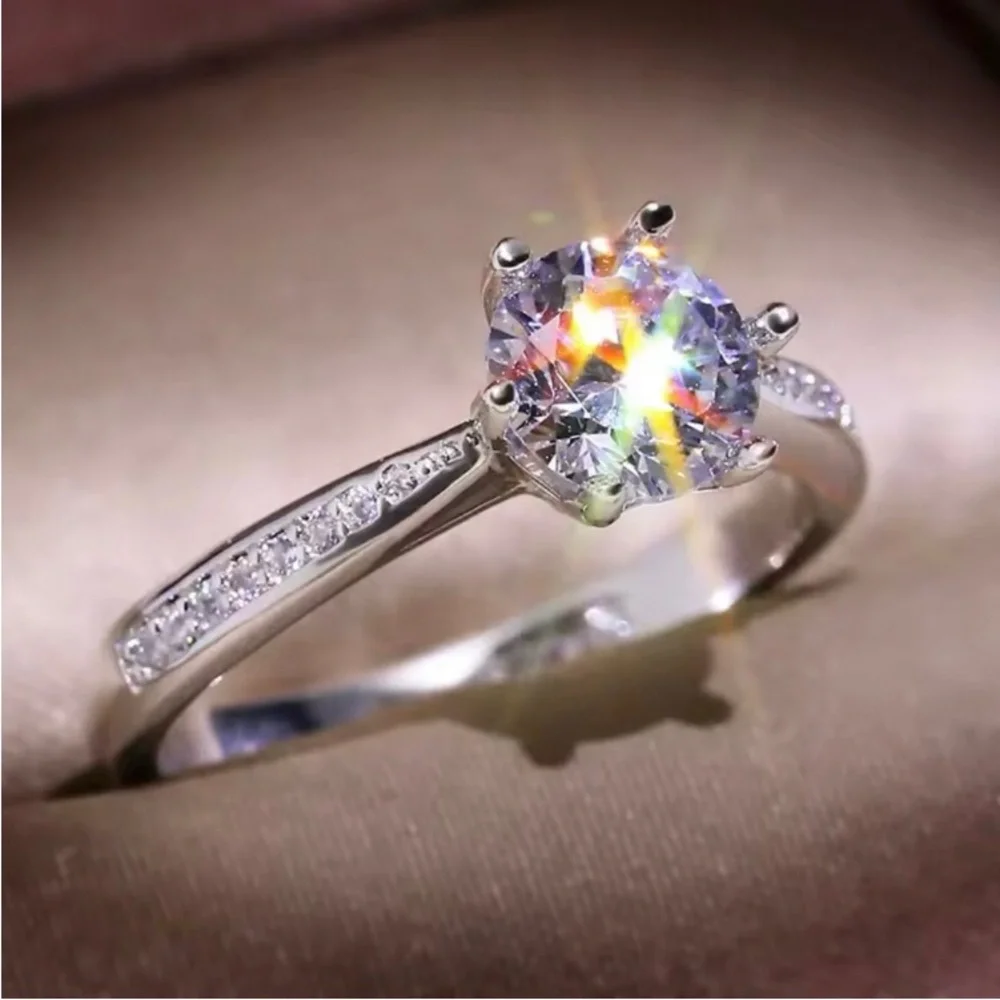 New 925 silver simulated round solitaire pave diamond engagement wedding ring